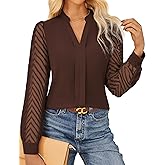 GRACE KARIN Women Business Casual Tops Sheer Lace Long Sleeve Blouses Work Office Pleated V Neck Shirt Fall Formal Outfits