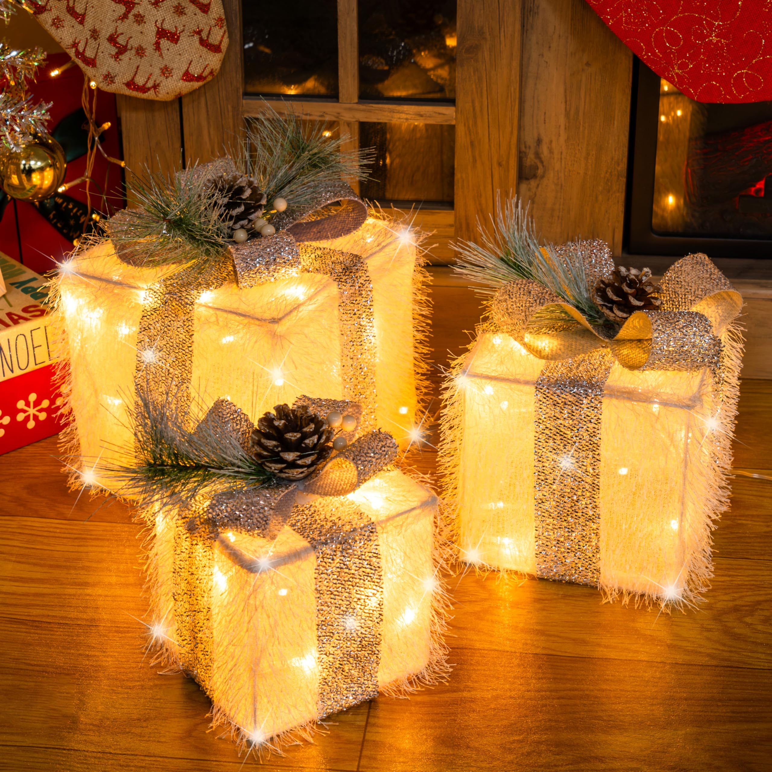 SANHSEHOME Set of 3 Christmas Lighted Gift Boxes, 60 LED Light Up ...