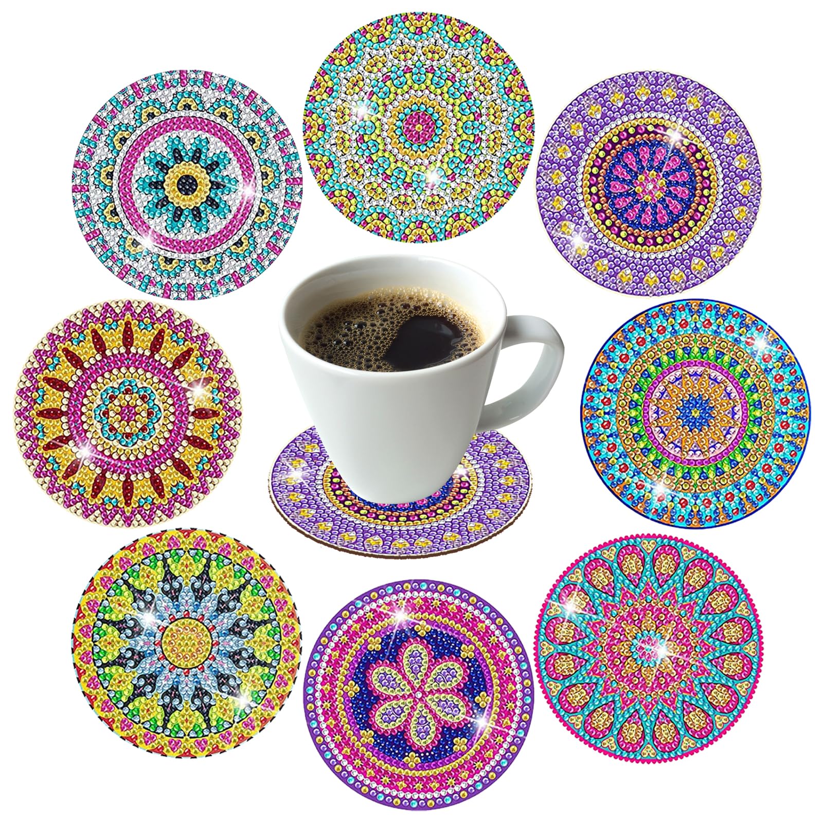 JSTHHTT 8Pcs Diamond Painting Coasters Kit, DIY Mandala Coasters Diamond Painting Kits, for Beginners Adults and Kids Art Craft Supplies Gifts