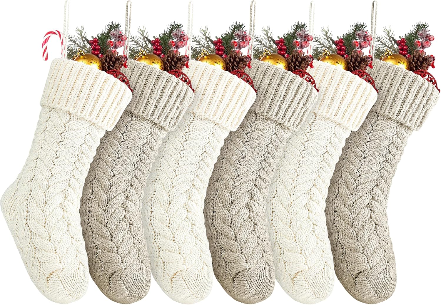 Stockings & Holders - 18 Inches Christmas Stockings Bulk, 6 Pack Large Size Cable Knitted Fireplace Hanging Stockings for Family Holiday Xmas Party Decorations, Ivory White&Khaki
