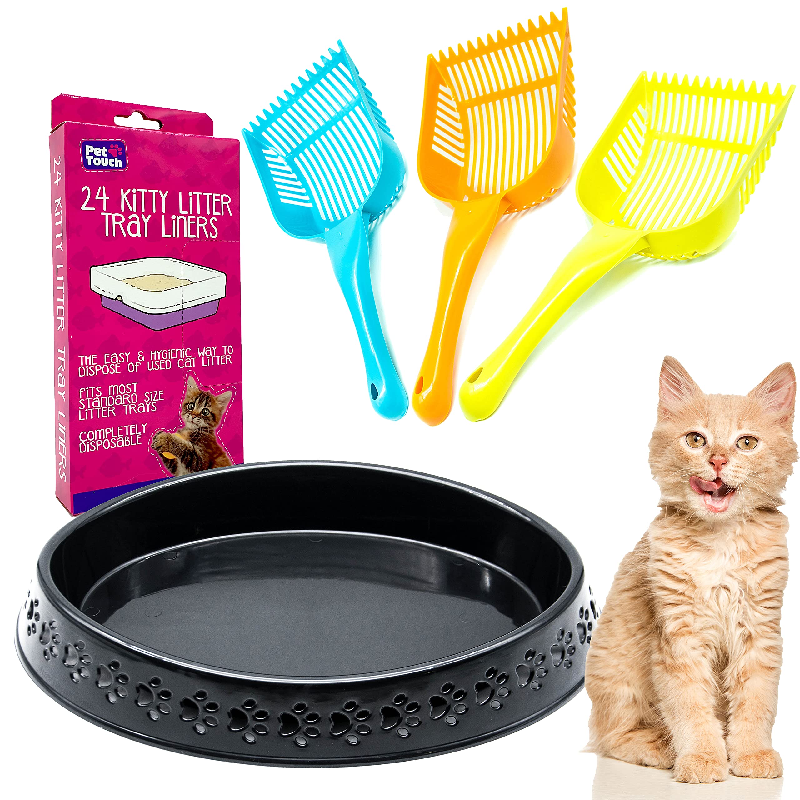 Pet Touch Kitty Cat Essentials (Set of 3) CAT LITTER TRAY LARGE with Kitty Cat Litter TRAYS LINERS and CAT LITTER SCOOP Assorted Bundle for Cat Litter Disposal (Design Tray - BLACK)