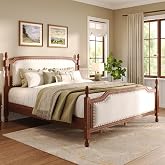 Merax Queen Size Transitional Platform Bed Frame with Upholstered Headboard &amp; Footboard, Solid Wood Frame, Roman Column Accents with Nailhead Trim Design, No Box Spring Needed, Easy Assembly, Walnut