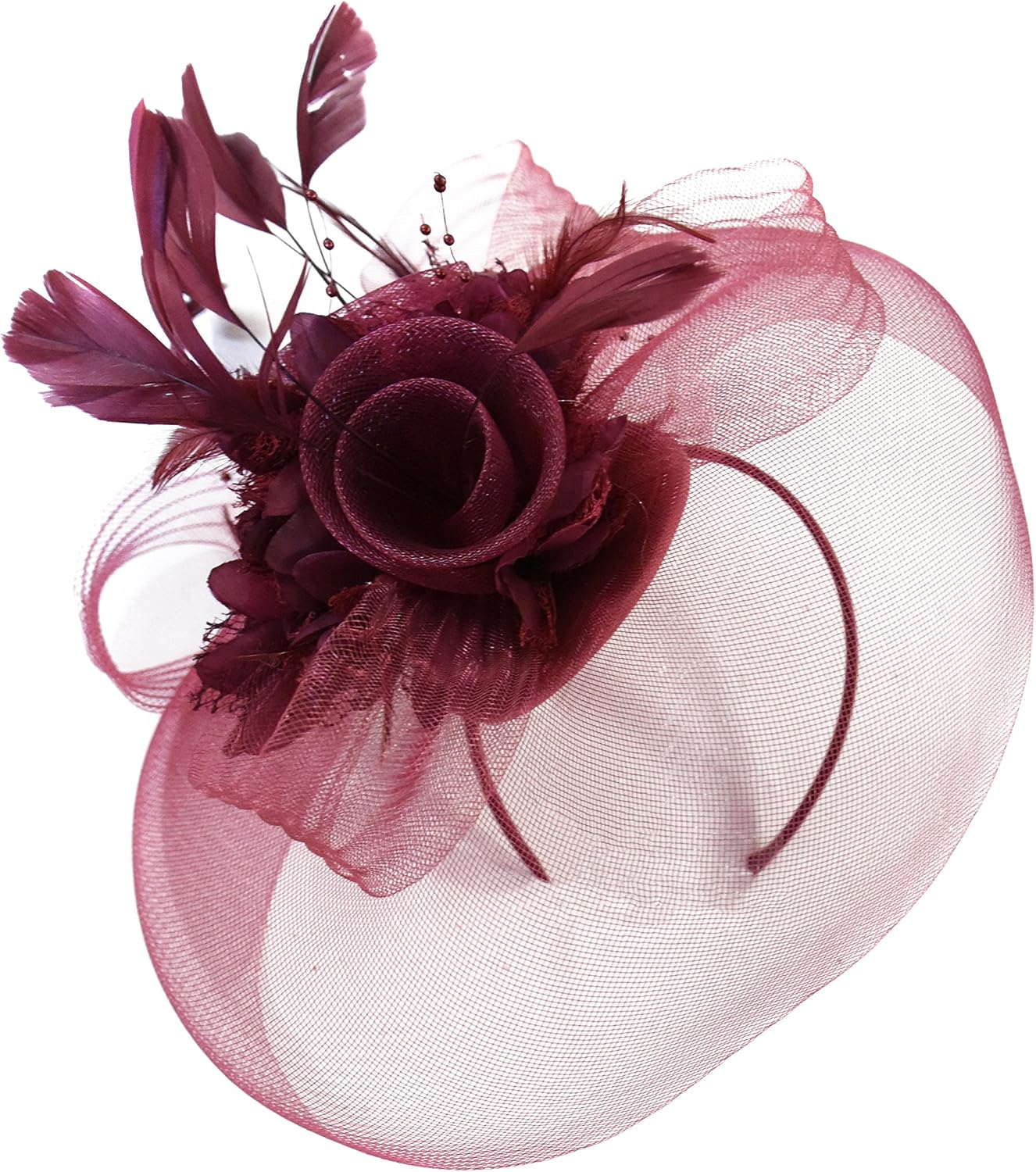 Caprilite Burgundy Feather Flower Fascinator Hat Veil Net headband Clip Ascot Derby Races Wedding … (All Burgundy)