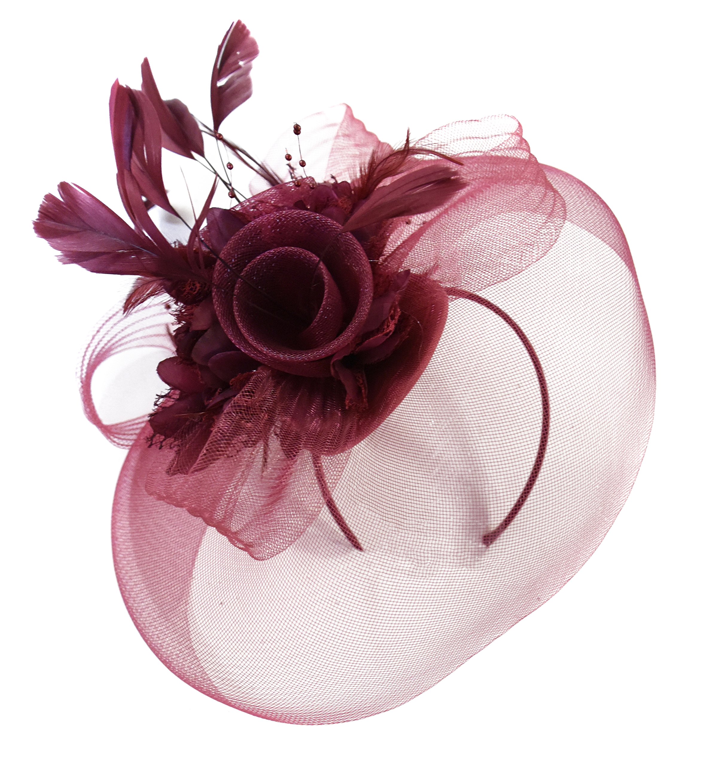 Caprilite Burgundy Feather Flower Fascinator Hat Veil Net headband Clip Ascot Derby Races Wedding â€¦ (All Burgundy)