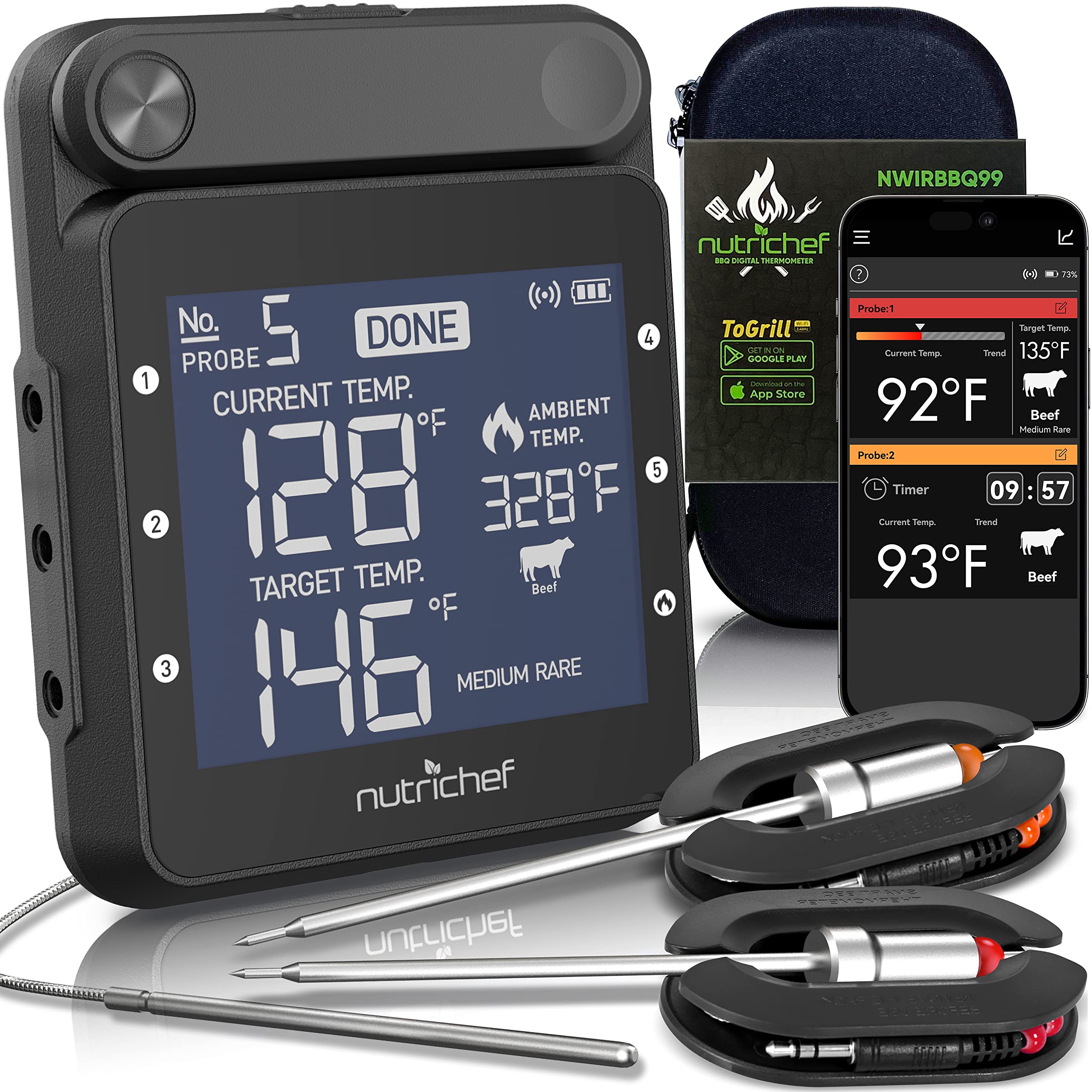 Photo 1 of NutriChef WiFi Grill Meat Thermometer, Wireless Dual Smart Probes, Alarm Indoor from Outdoor Barbecue Smoker, Compatible with Any Smartphone, Rechargeable Meter for Outside BBQ Grilling