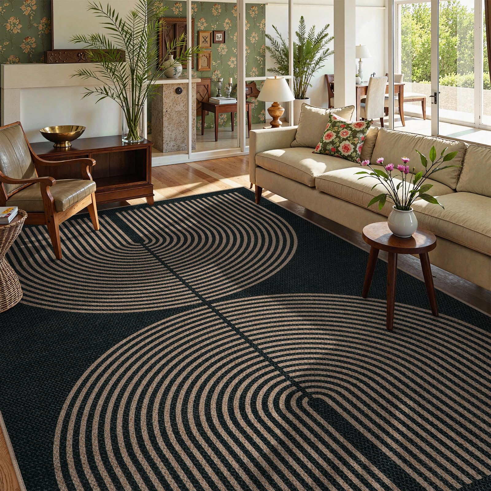 Photo 1 of ****MINOR CREASES, DIRTY*****Lahome Modern Rainbow Easy Jute Outdoor Carpet, Washable Rugs 9x12 for Living Room Patio Large Farmhouse Indoor Outdoor Carpet, Contemporary Black Dining Room Rugs for Under Table Office Backyard