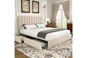 VECELO Queen Size Upholstered Bed Frame with 4 Drawers and Headboard, Velvet Platform Storage Bedframe, Wooden Slats Support, No Box Spring Needed, Beige