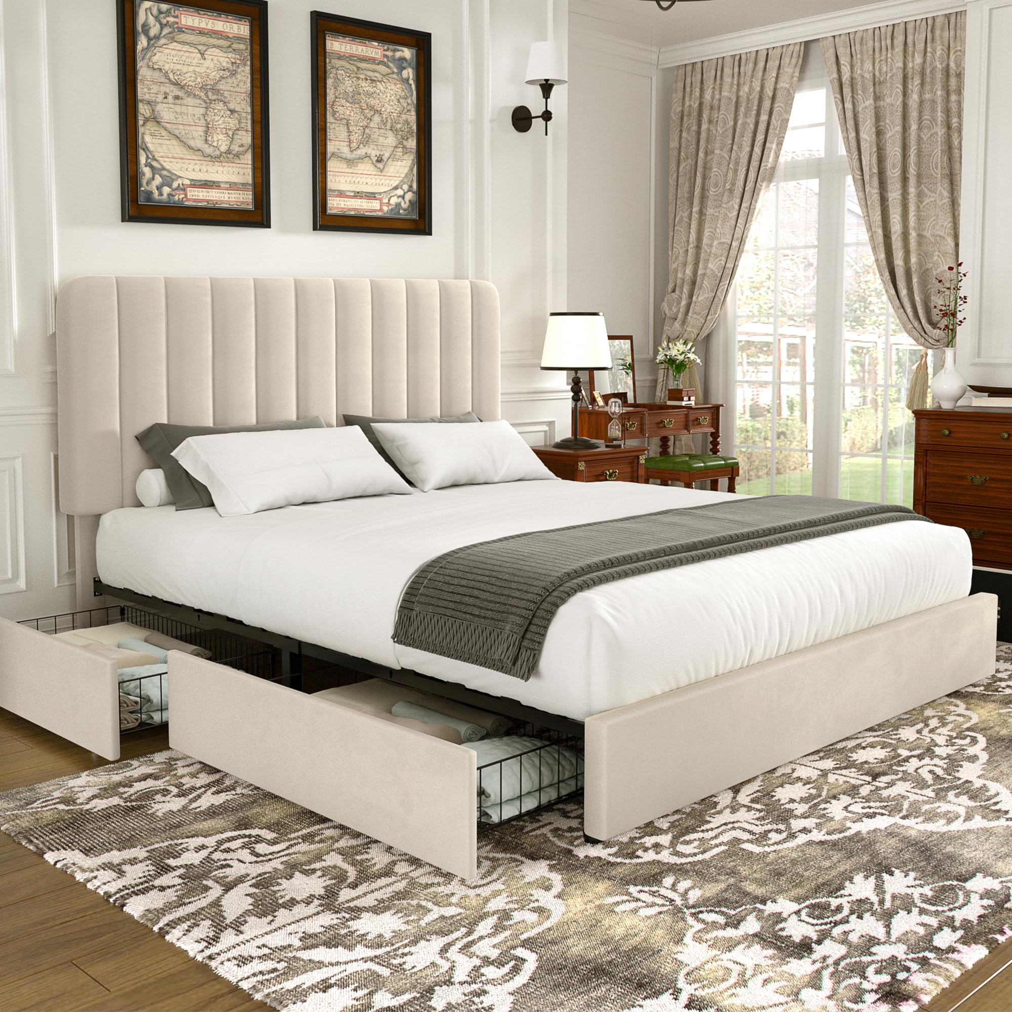 Photo 1 of VECELO Queen Size Upholstered Bed Frame with 4 Drawers and Headboard, Velvet Platform Storage Bedframe, Wooden Slats Support, No Box Spring Needed, Beige