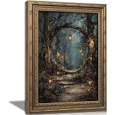 Vintage Gold Framed Wall Art, Gothic Victorian Forest Painting Canvas Print, Dark Academia Lanterns in Trees Picture Painting Wall Decorc, Moody Forest Picture Poster Artwork for Living Room Bedroom