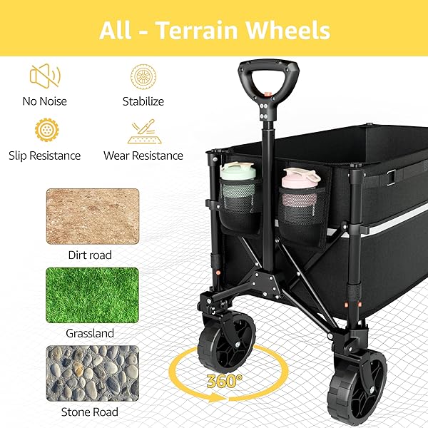ROSONG COLLAPSIBLE WAGON CART WITH WHEELS FOLDABLE – FOLDING UTILITY HEAVY DUTY WAGONS CARTS FOR GROCERY SPORTS GARDEN SHOPPING CAMPING WHEELBARROWS (BLACK, 120L)