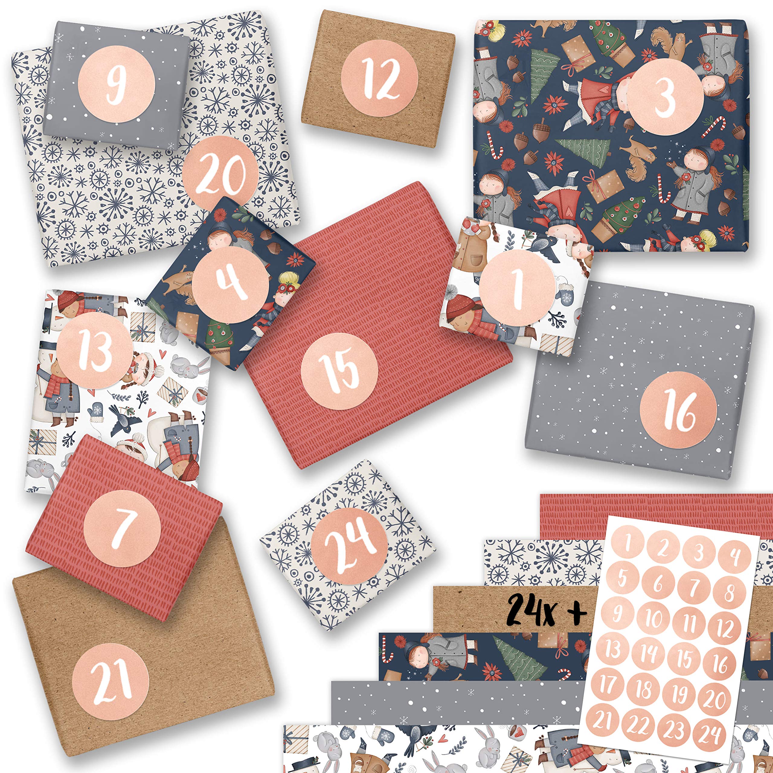 Papierdrachen DIY Advent Calendar Wrapping Paper with Numbers from 1-24 – Ice Skater Design – Gift Wrap Advent for Larger Gifts – 24 Sheets