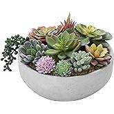 MyGift 8 Inch Round Modern Artificial Succulent Arrangement Potted in Gray Concrete Plant Bowl, Assorted Faux Mini Succulents in a Decorative Planter Pot