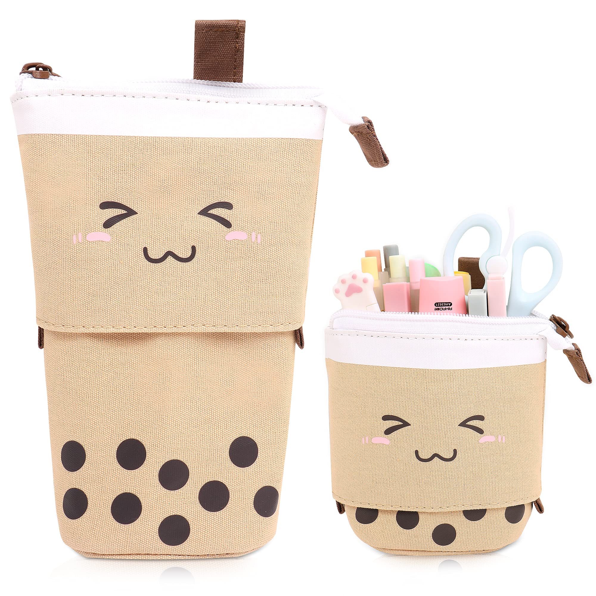 MAMUNU Stand Pencil Case Cartoon Cute Telescopic Pencil Pouch Pen Holder Kawaii Canvas Pencil Holder Cosmetics Makeup Bag for School Students Office Women Girls Boys Teenage Adult (Brown)