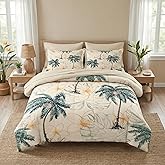 Pamnest Comforter Set Queen Size, Tropical Botanical Palm Summer 7 Pcs Bedding for Kids and Adults, Hawaiian Coconut Tree Bed Sheet Sets with Fitted Sheet 2 Pillowcase & 2 Sham for Bedroom Bed Decor