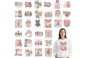 Falueqg Dtf Transfers Ready to Press - 30Pcs Glitter Christmas Iron on Transfer for Tshirts, Pink Coquettee Merry Christmas Iron on Decals Patches, Xmas Heat Sublimation Stickers for DIY Clothes Bags
