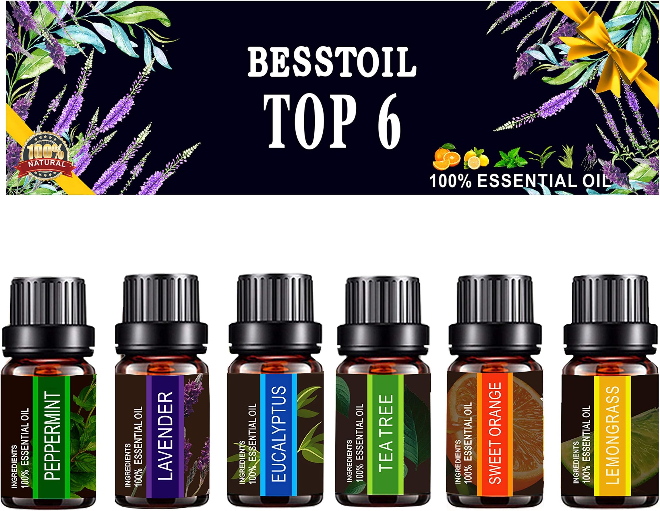 Essential Oils Set of TOP6,Besstoil Therapeutic Grade 100% Pure Aromatherapy Diffuser Oils Gift Set(Lavender, Tea Tree, Eucalyptus, Lemongrass, Peppermint, Sweet Orange),10ml/6 Count