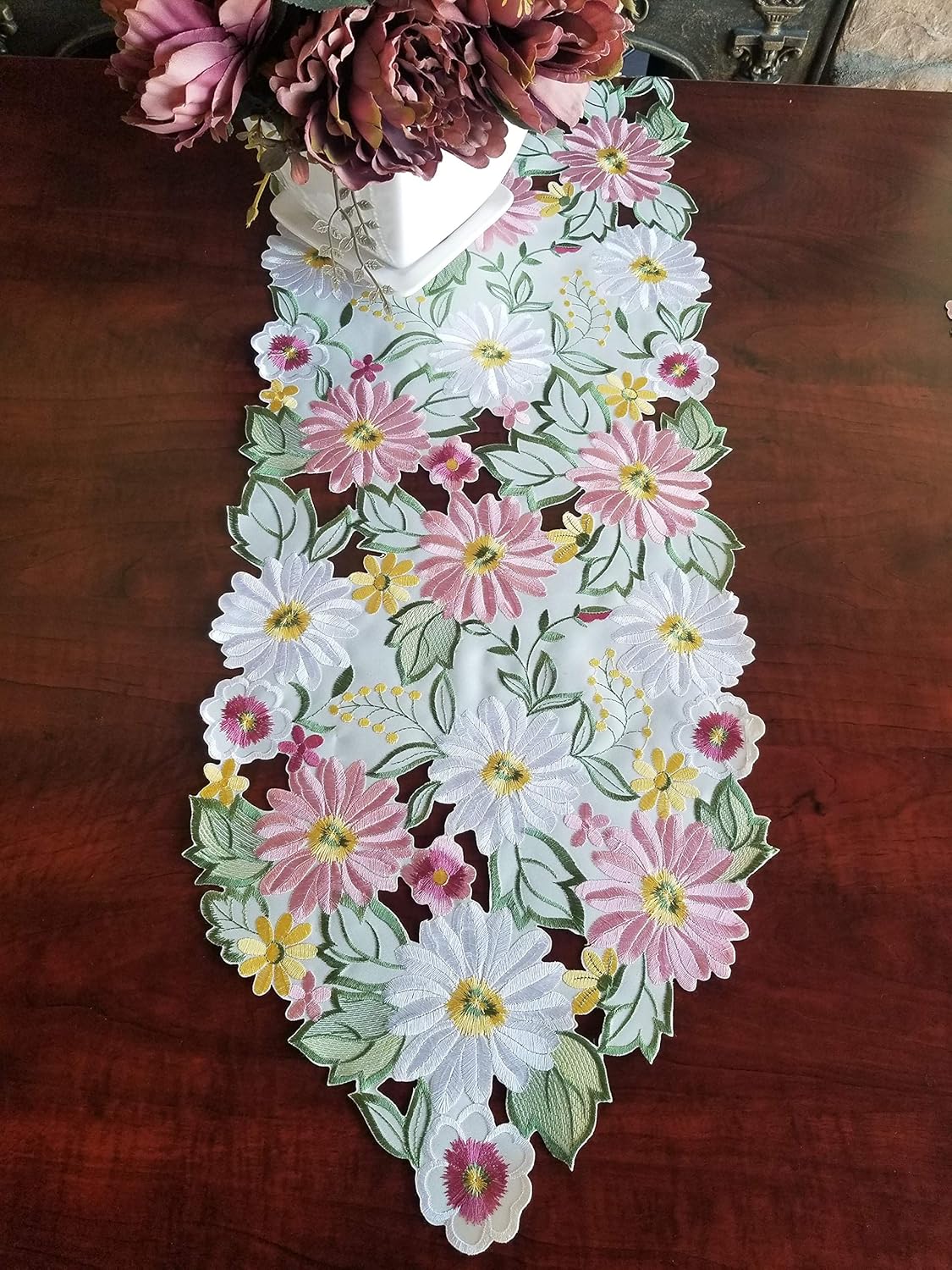 GRANDDECO Embroidered Flowery Table Runner,Applique Floral Daisy Cutwork Embroidered Table Linen, Home Kitchen Dining Tabletop Decoration, Runner 13"×68" (Runner 13"×68"（33x172cm）, Spring Color): Home & Kitchen