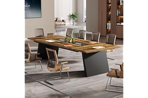 Tribesigns 8ft Conference Room Table, Modern Office Meeting Desk with Cable Management, Large Business Seminar Furniture for Boardroom (1, Light Brown + Black)