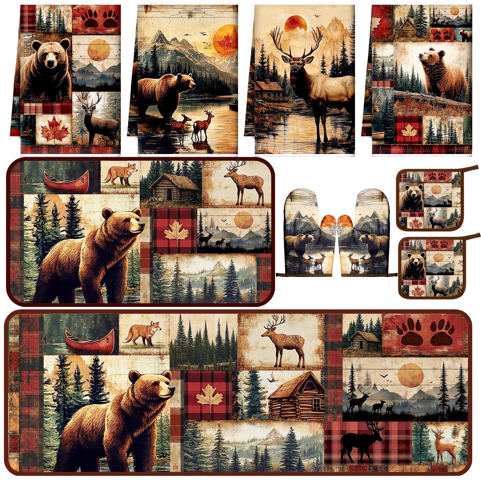 Photo 1 of 10 Pcs Farmhouse Kitchen Decor Set 4 Cabin Brown Bear Kitchen Towels 2 Forest Wild Animal Pot Holders 2 Rustic Lodge Deer Oven Mitts 2 Vintage Wildlife Rugs for Cooking Baking Mom Housewarming Gift