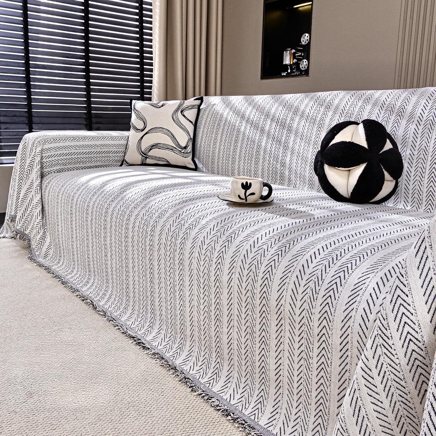 Photo 1 of Nobildonna Sofa Cover Washable Soft Thicken Chenille Couch Cover with Tassel,Waterproof Sofa Slipcover for 3-4 Cushion Couch,Sectional Sofa,L-Shaped Furniture Protector Pet-Friendly,Beige 71"x150"