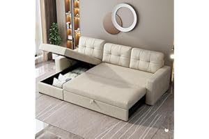 YOPTO 81.5" L-Shape Upholstered Sleeper Sectional Sofa with Storage Chaise & Pull Out Bed,Convertible Corner Couch Bed W/ 3 Removable Back Cushions for Living Room,Office,Beige