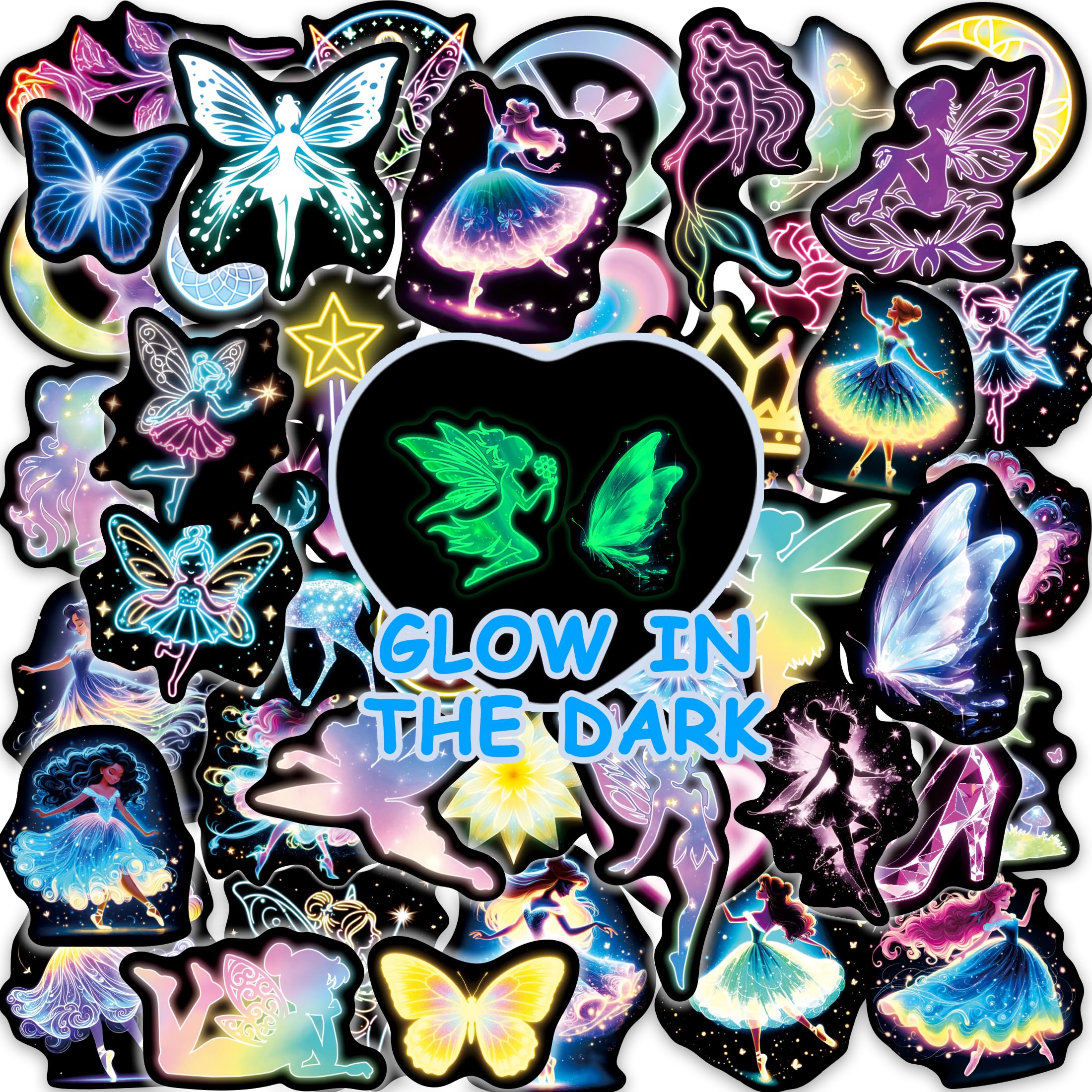 Photo 1 of Glow in The Dark Neon Princess Water Bottle Stickers for Kids?50 Pcs Fairy Waterproof Vinyl Laptop Decals, Teens Girls Boys Adults Phone Case Skateboard Luggage Decor