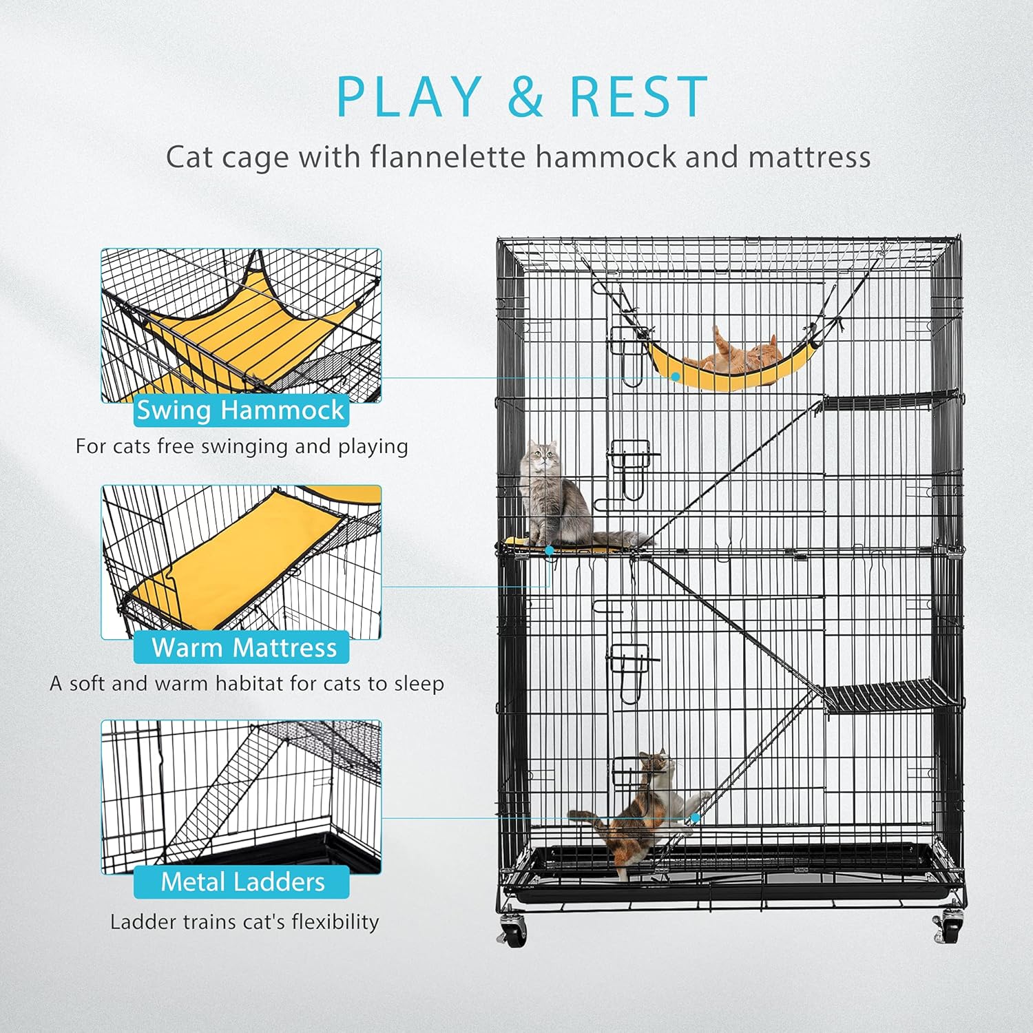 VIVOHOME 4-Tier 49 Inch Collapsible Metal Cat Kitten Ferret Cage 360° Rotating Casters Enclosure Pet Playpen with Ramp Ladders Hammock and Bed: Kitchen & Dining
