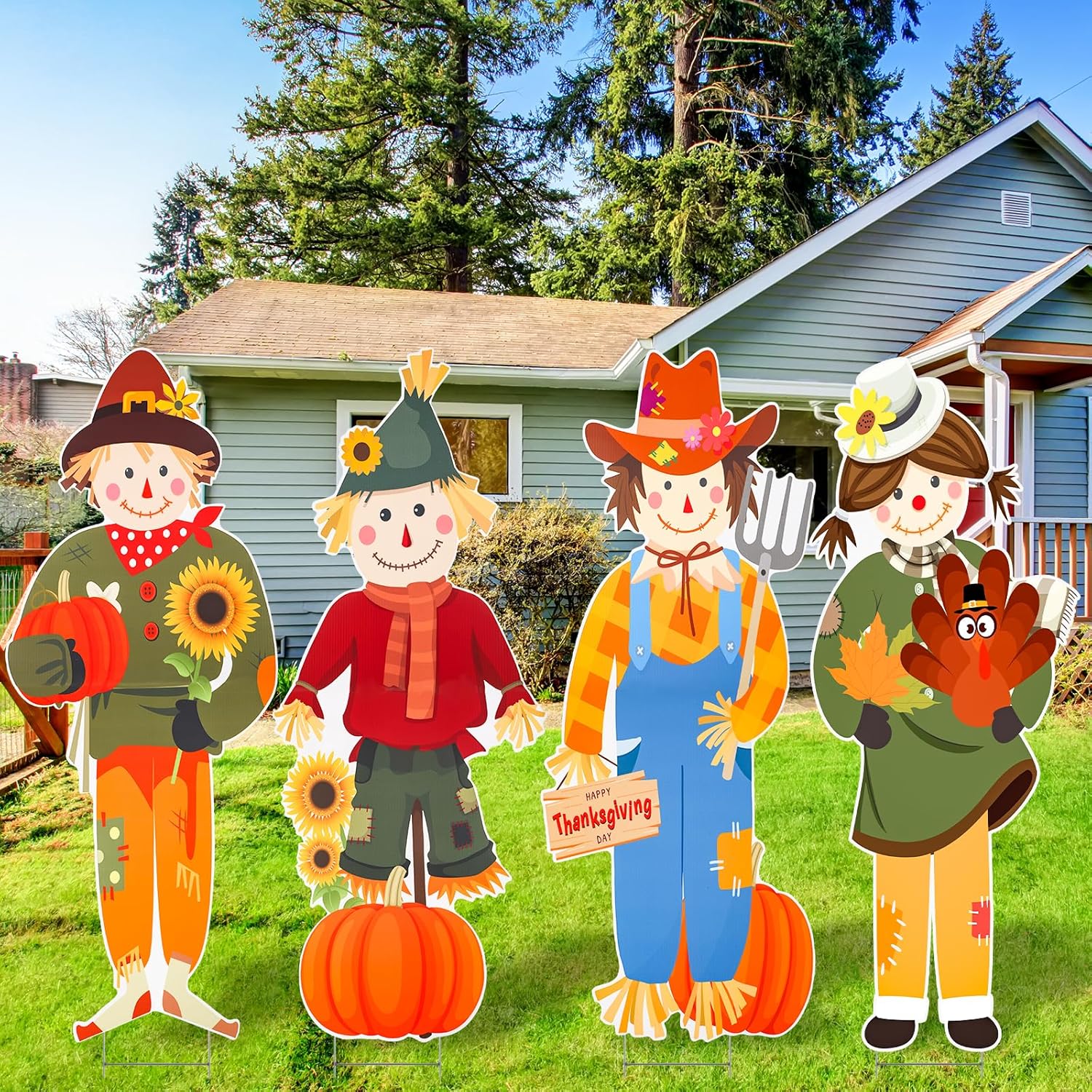 Decorative Garden Stakes - Sintuff 4 Pcs 32 Inch Thanksgiving Scarecrow Yard Signs with Stakes Harvest Scarecrows Figurine Garden Stake Signs Fall Porch Decorations Scarecrow Decor for Thanksgiving Autumn Halloween Garden Yard