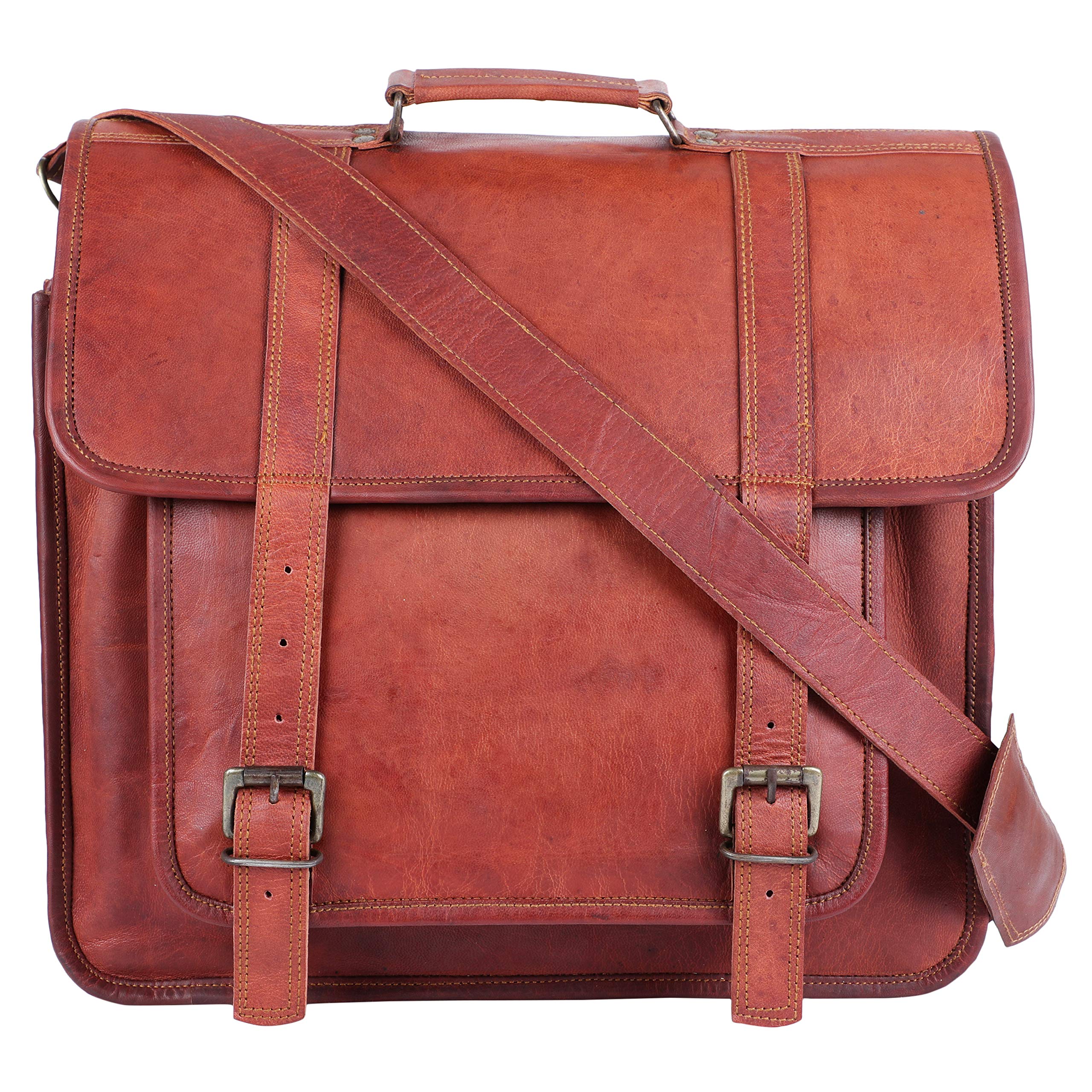 OVERDOSE 16" Vintage Leather Messenger Satchel Laptop Briefcase Shoulder Bag for Men's and Women