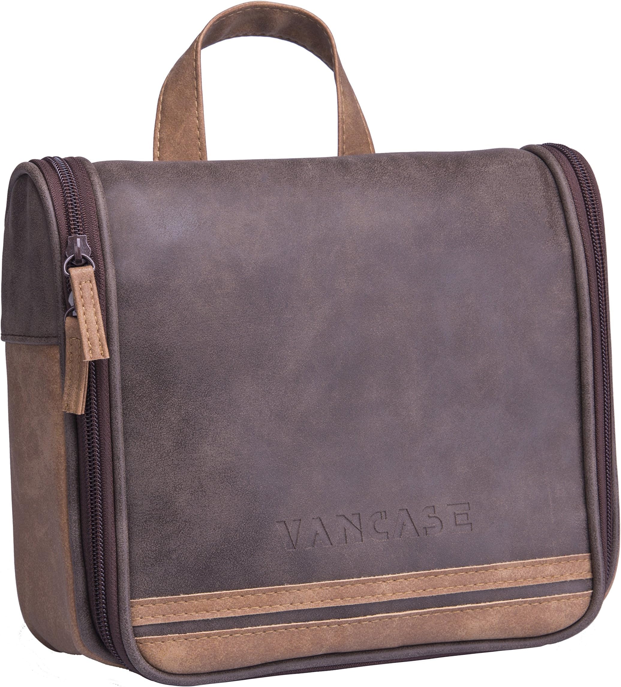 Hanging Toiletry Bag for Men VANCASE Vintage Leather Shaving Dopp Kit Medium Waterproof Travel Bathroom Bags Portable Shower Organizer