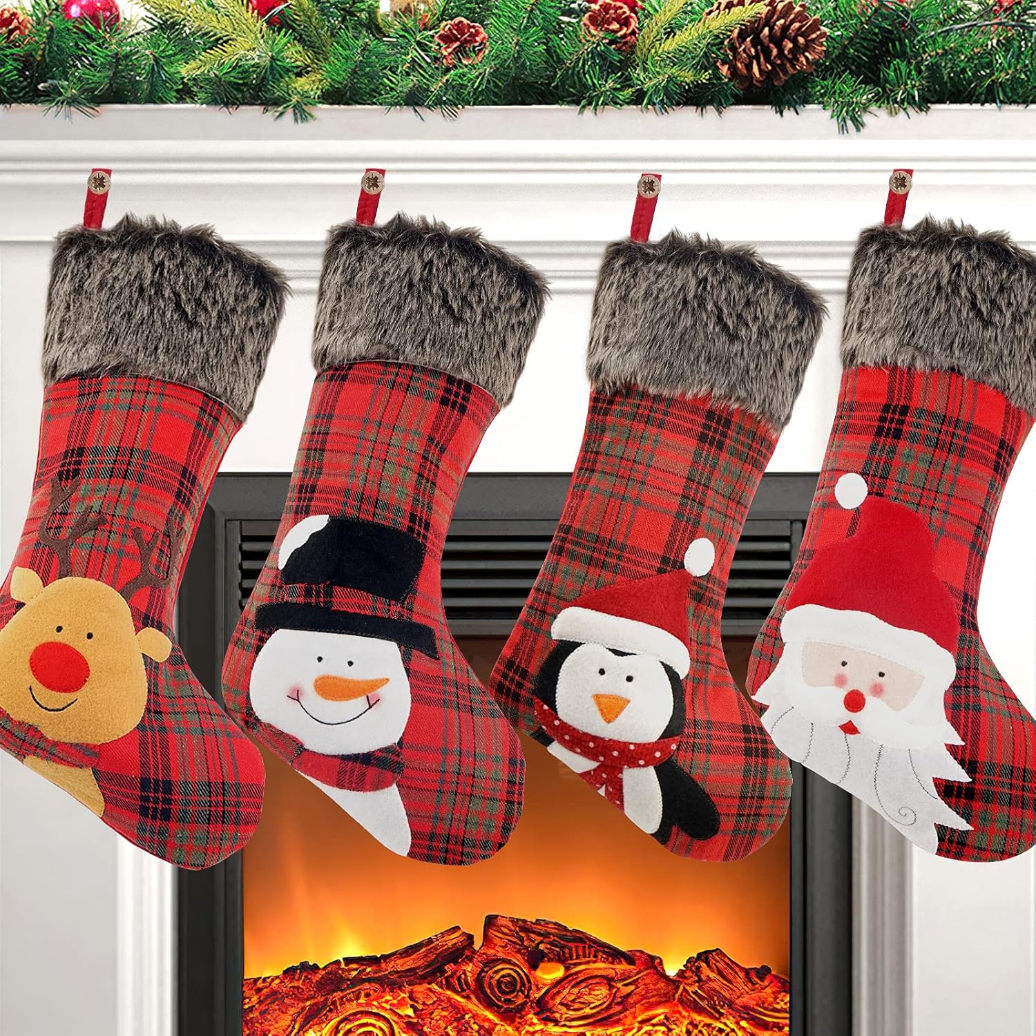Stockings & Holders - COOLWUFAN Christmas Stocking, 4 Pack 18'' Xmas Stockings with Snowflake Santa Snowman Reindeer and Plush Faux Fur Cuff Family Pack Stockings for Xmas Holiday Family Party Decorations