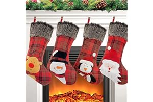 COOLWUFAN Christmas Stocking, 4 Pack 18'' Xmas Stockings with Snowflake Santa Snowman Reindeer and Plush Faux Fur Cuff Family Pack Stockings for Xmas Holiday Family Party Decorations