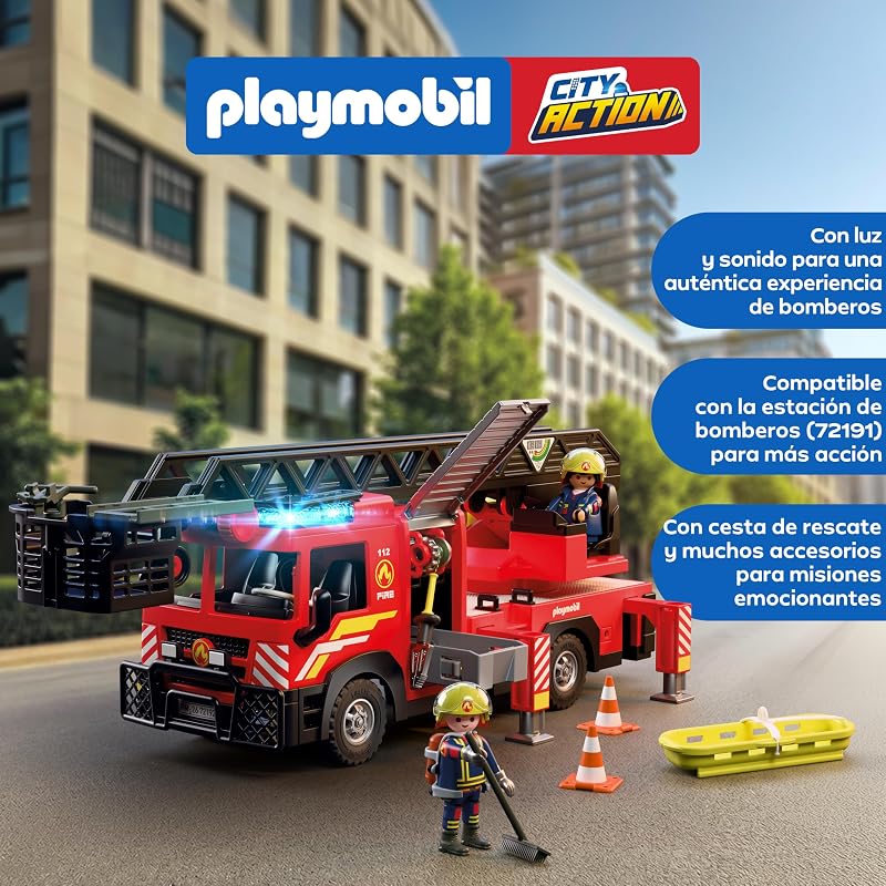 | Ação da Cidade | Camião de bombeiros com escada | Veículo de emergência com escada de 63 cm, luz e som, equipamento de salvamento e inúmeros acessórios | Para crianças a partir dos 4 anos | 72192
