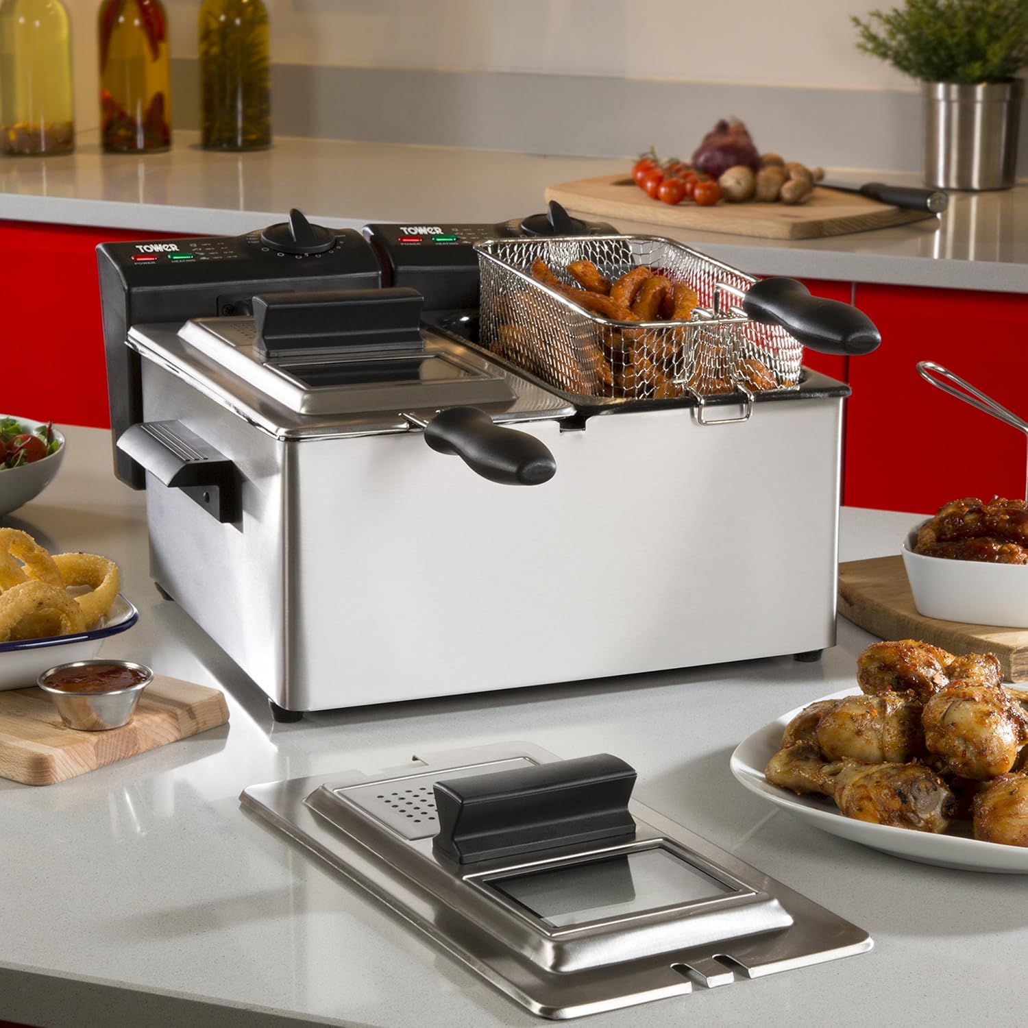 Tower T17007 Dual Basket Deep Fat Fryer, Easy Clean, Viewing Window, 3600 W, 6 liters, Black