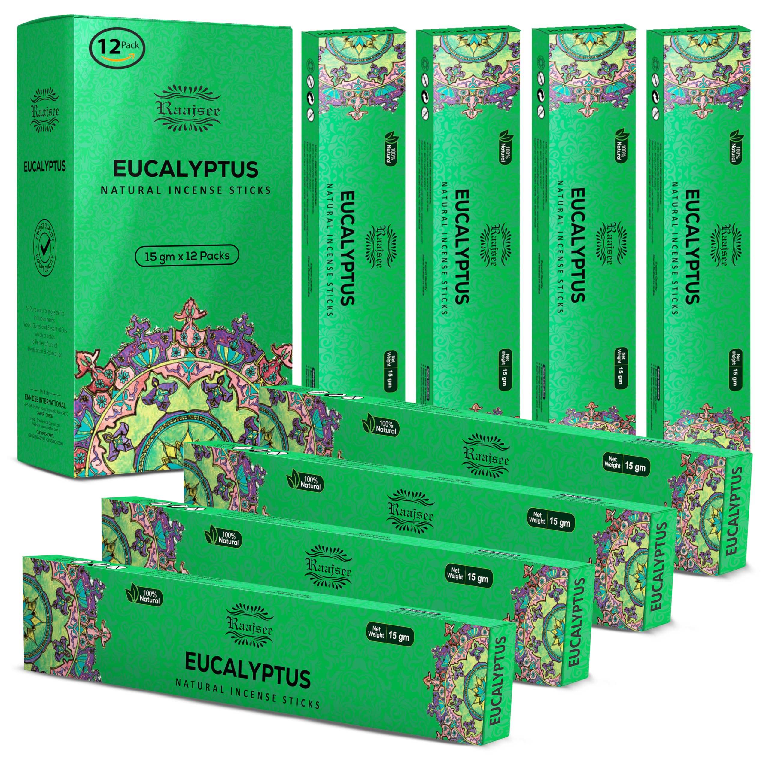 raajsee 15 GMS x 12 Pack Eucalyptus Incense Sticks, 100% Pure Organic Natural Hand Rolled Free from Chemicals - Perfect for Aromatherapy, Cleansing,Meditation