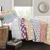 Lush Decor Bohemian Stripe Reversible Cotton Quilt Set, 3 Piece Set, Full/ Queen, Fuchsia & Orange -Striped Bedding Set - Purple Quilts Queen Size - Boho Decor