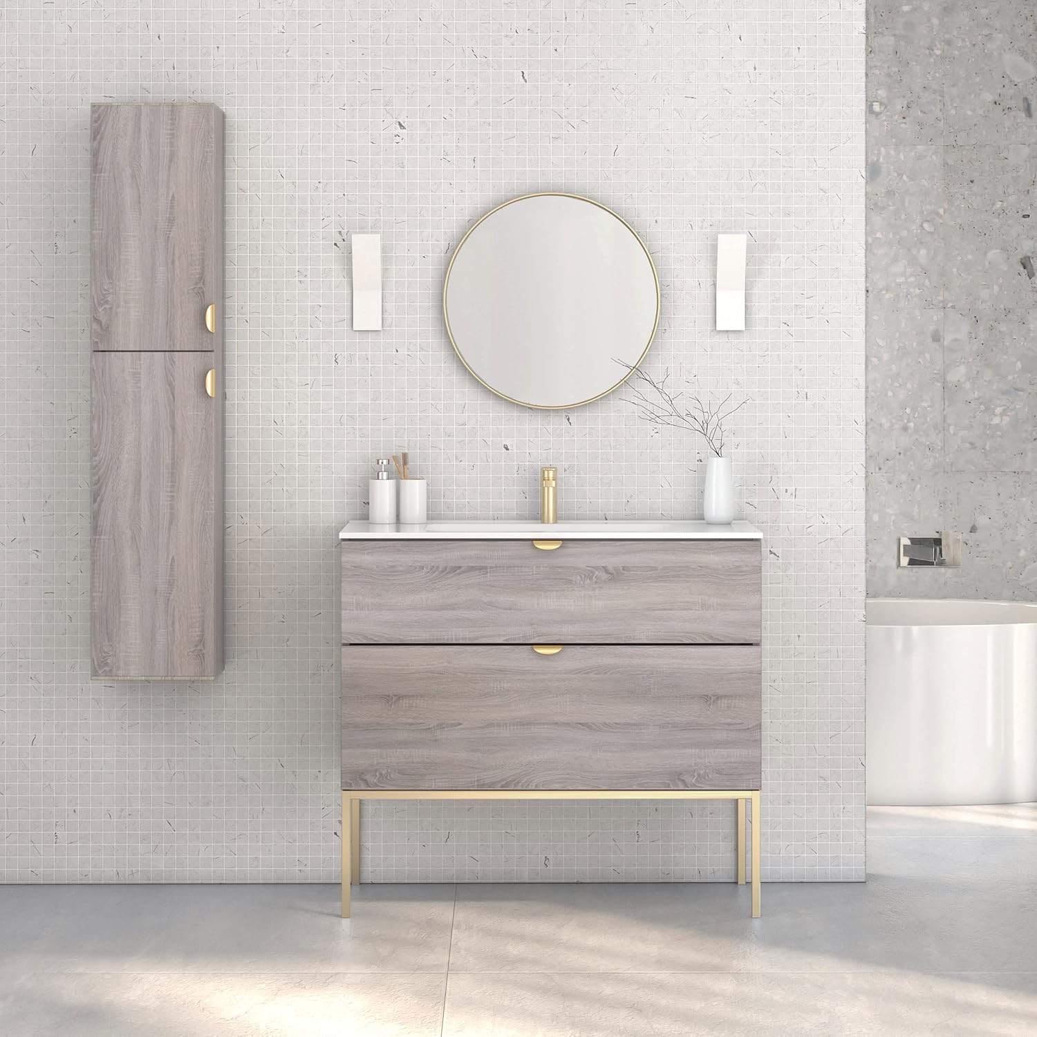 Amazoncom 40 Bathroom Vanity Cabinet Ceramic Sink Aspen W 40 X H 35 X D 18 In Rhd Weathered Oak Glossy Gold Kitchen Dining