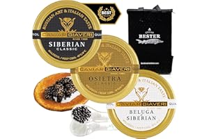 BESTER CAVIAR Czar Trilogy Sampler Set (3 x 1.06 oz) – Royal Beluga Hybrid, Ossetra Classic & Siberian Classic Samplers – Caviar Serving Set with Mini Blinis (30 pcs) & 2 Spoons