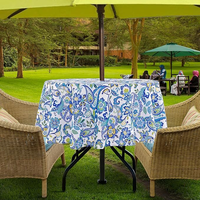 Lamberia Outdoor Tablecloth with Umbrella Hole, 60 Inch Round Tablecloth, Spring/Summer Vinyl Lamberia Outdoor Tablecloth with Umbrella Hole, 60 Inch Round Tablecloth, Spring/Summer Vinyl