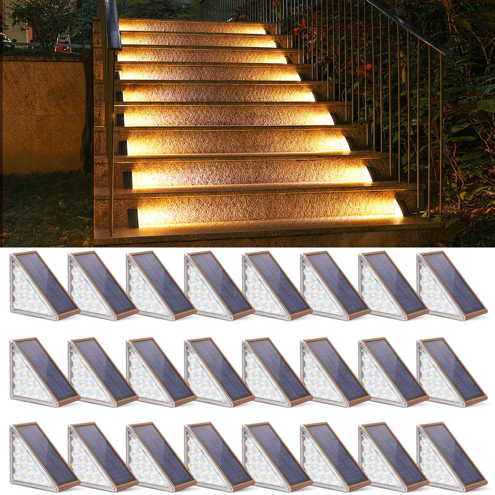 Photo 1 of NIORSUN Solar Step Lights for Outside, 24 Pack Warm White Outdoor Step Lights IP67 Waterproof Auto On Off, Solar Stair Lights for Steps, Patio, Yard, Porch, Front Door, Sidewalk, Deck Decor?Brown?