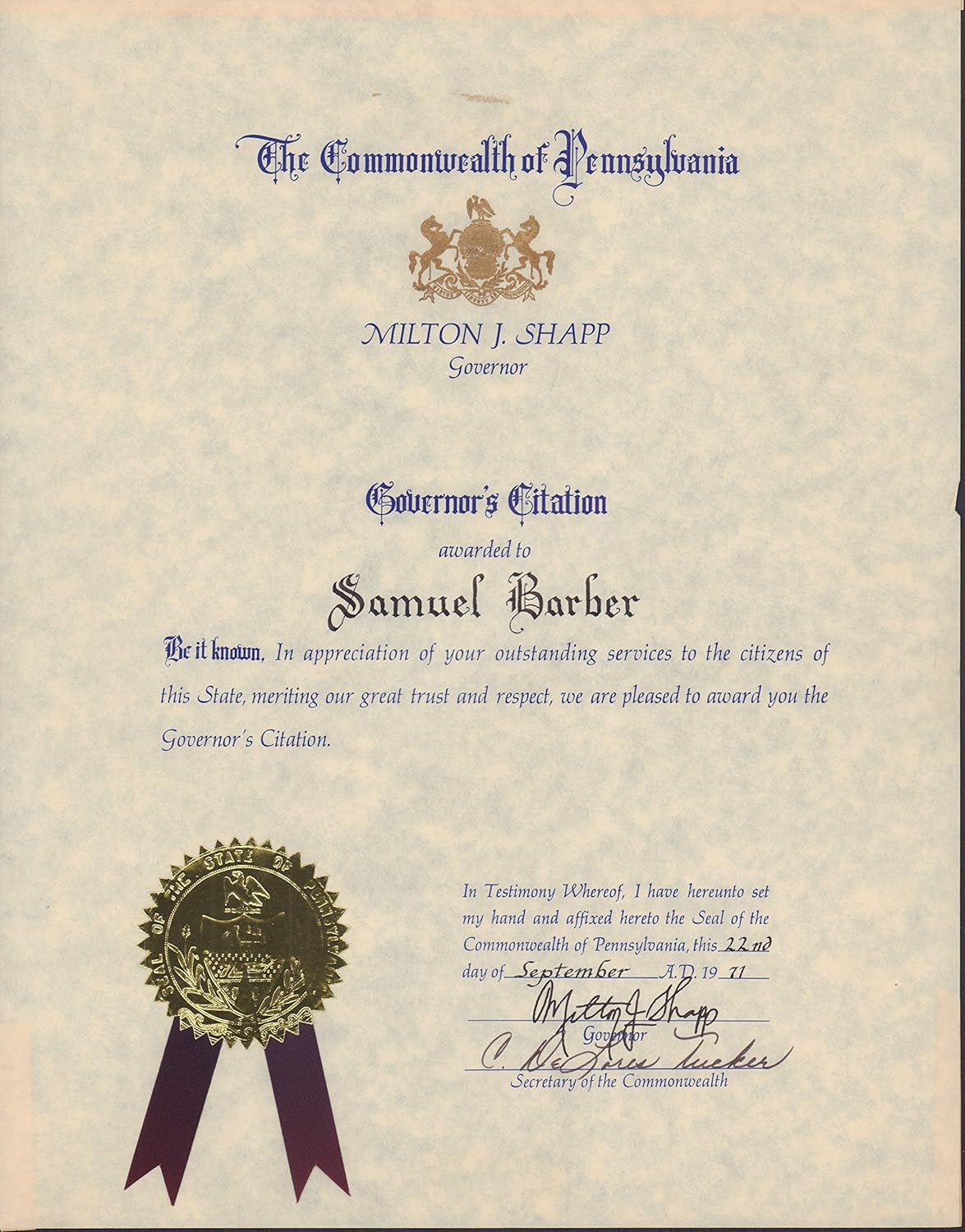 Barber Samuel 1910 1981 Commonwealth Of Pennsylvania Certificate Awarding The Composer The Governor S Citation At Amazon S Entertainment Collectibles Store