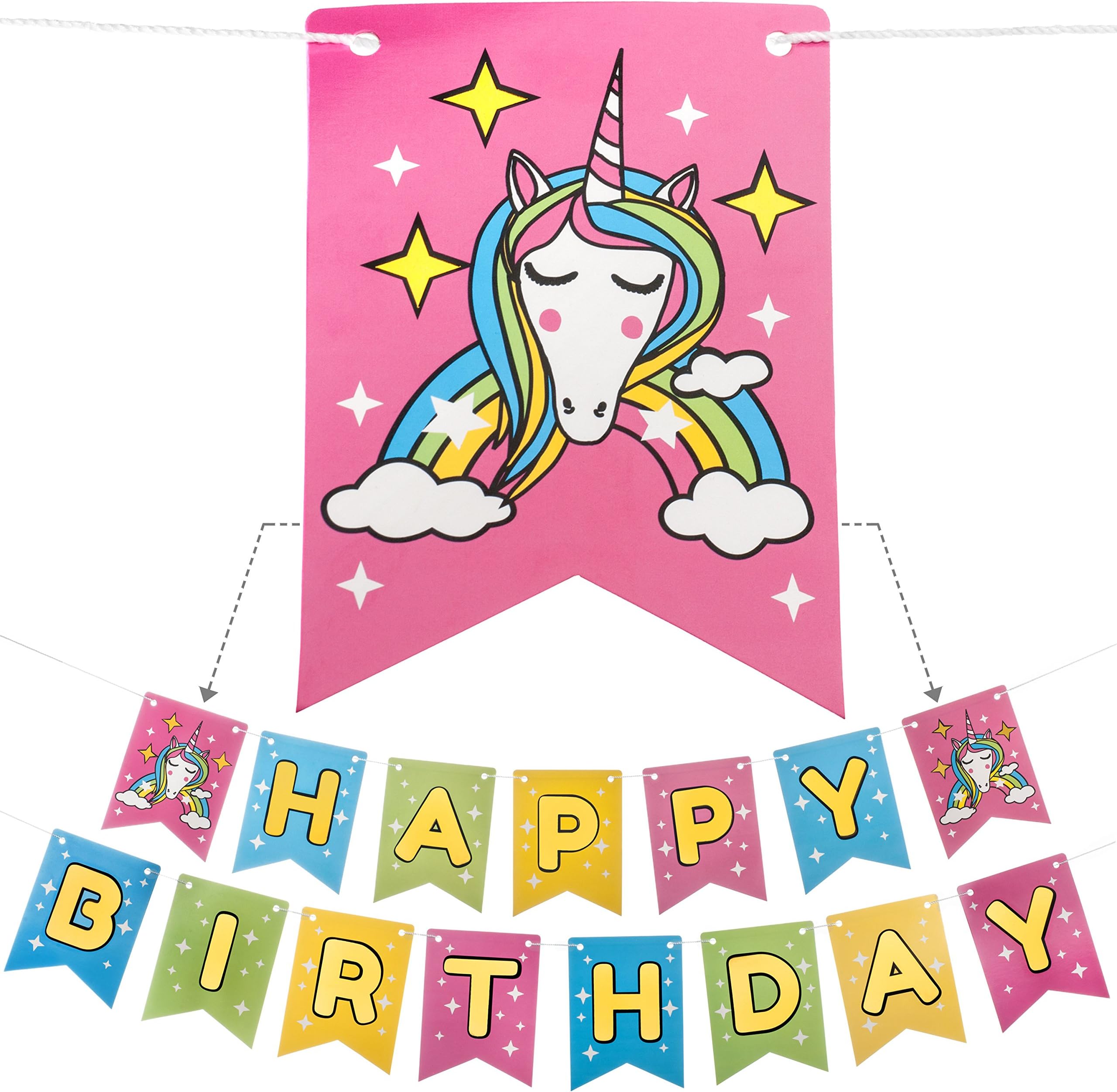 Unicorn Happy Birthday Banner | PRE-STRUNG with STRONG ROPE | GOLD FOIL LETTERS | Perfect Unicorn Party Decor