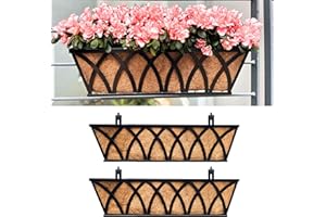 LÁLÁGREEN LaLaGreen Railing Planter Boxes (24 Inch, 2 Pack) Black Metal Rectangular Window Flower Box with Coco Liner, Hanging Planters for Outdoor Plants Bracket Holder Deck Rail Fence Balcony Porch Garden