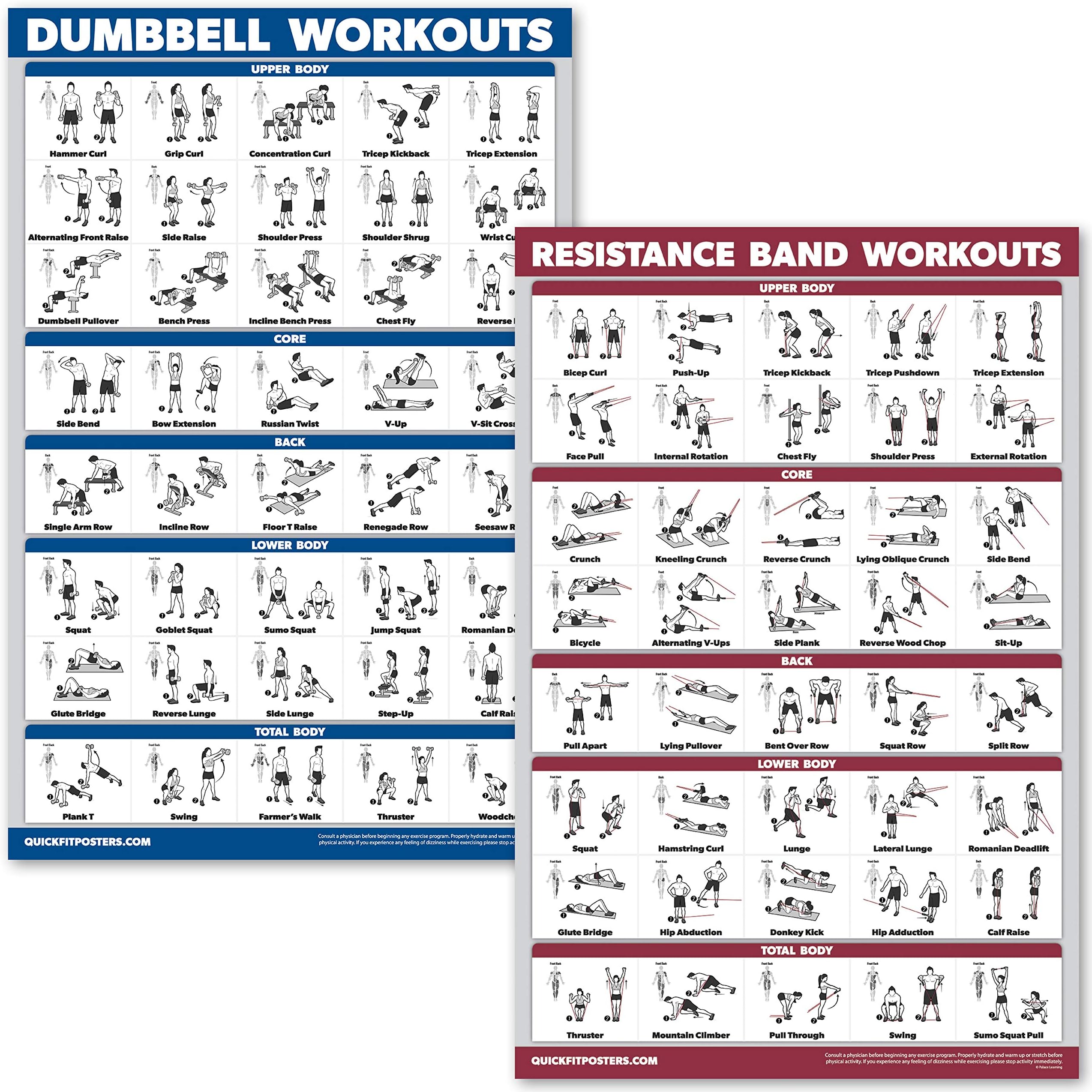 QuickFit Dumbbell Workouts and Resistance Bands Exercise Poster Set - Laminated 2 Chart Set - Dumbbell Exercise Routine & Resistance Tubes Workouts