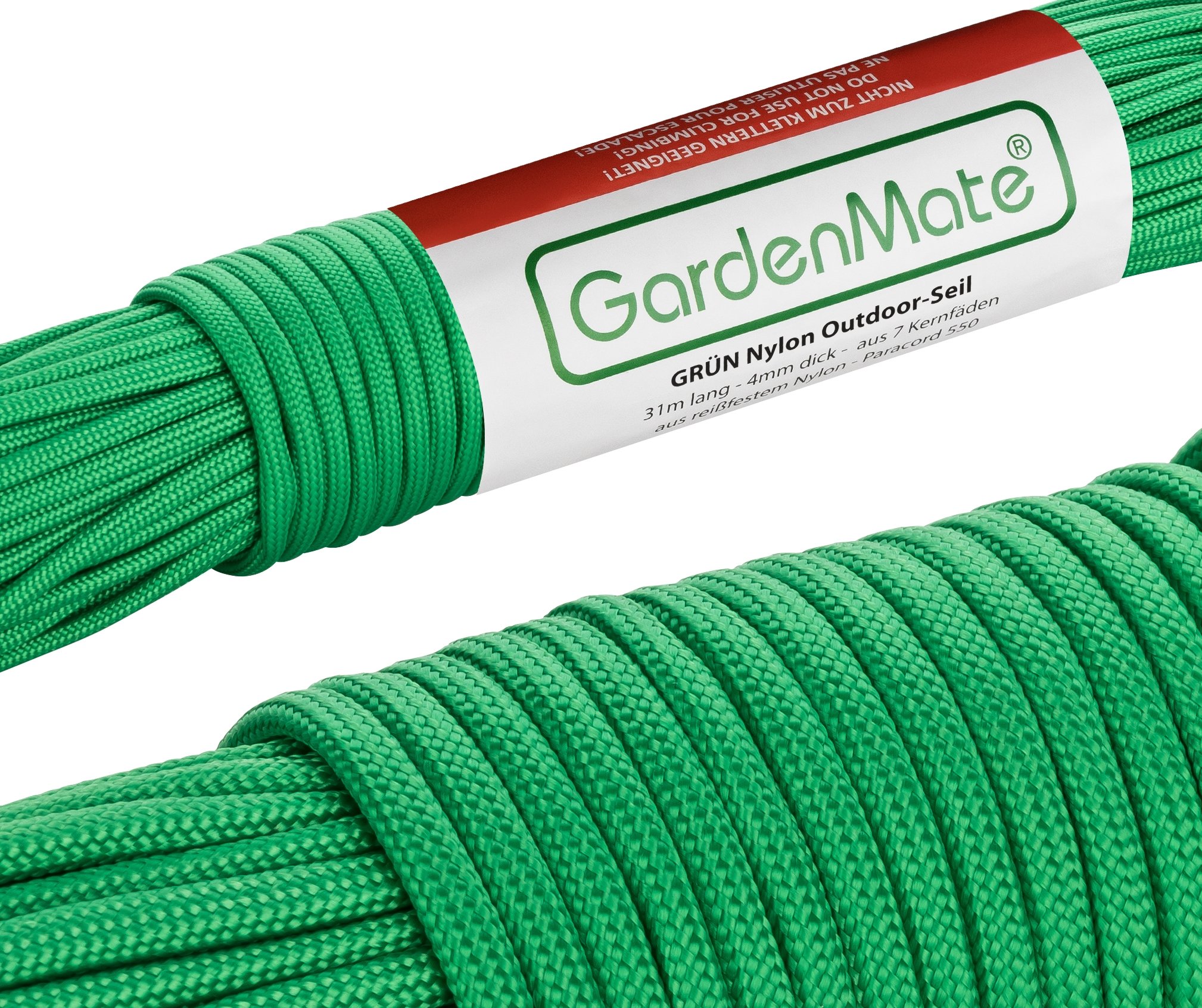 GardenMate Professional Nylon Outdoor Rope, Paracord 550, 31m Long, 4mm Thick, Tear-Resistant Kernmantle Rope with 7 Core Strands, Green