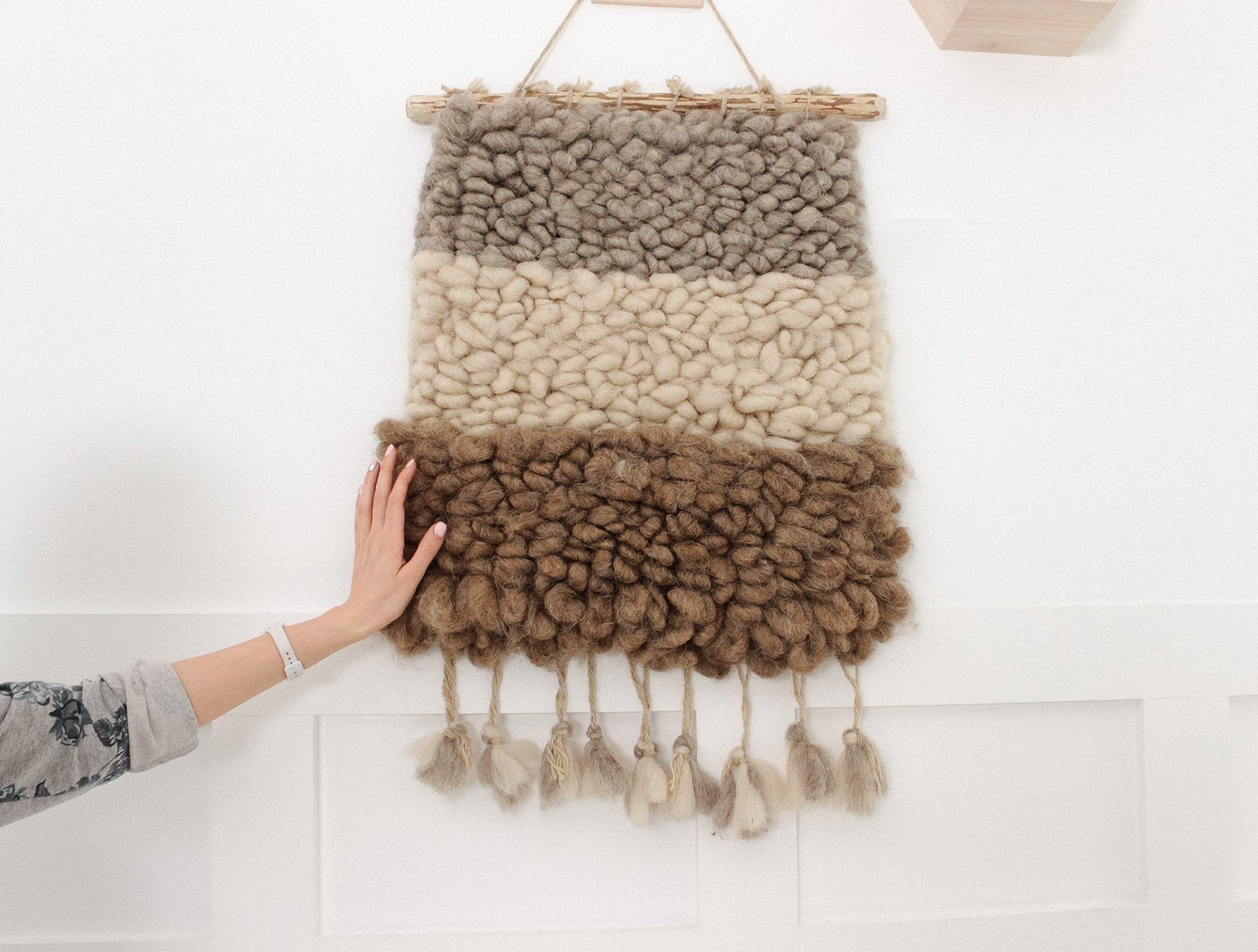 Woven Wall Hanging Wool Tapestry Small Handmade Wall Decor Gray White Brown