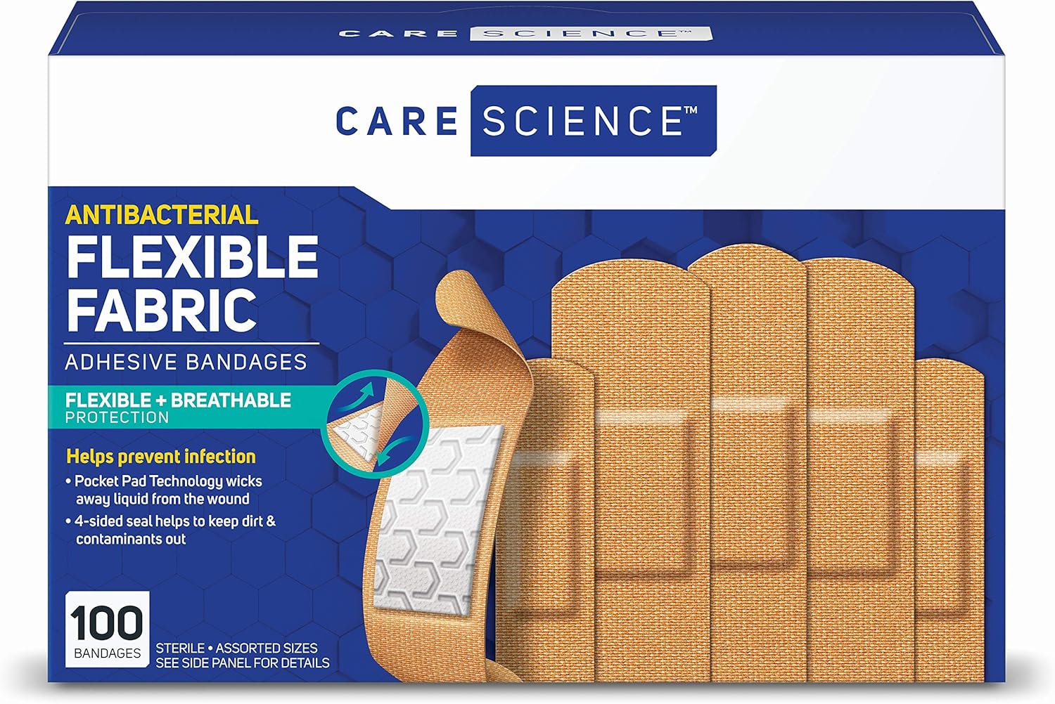 Care Science Antibacterial Fabric Adhesive Bandages, 100 ct Assorted Sizes | Flexible + Breathable Protection Helps Prevent Infection for First Aid and Wound Care: Health & Personal Care