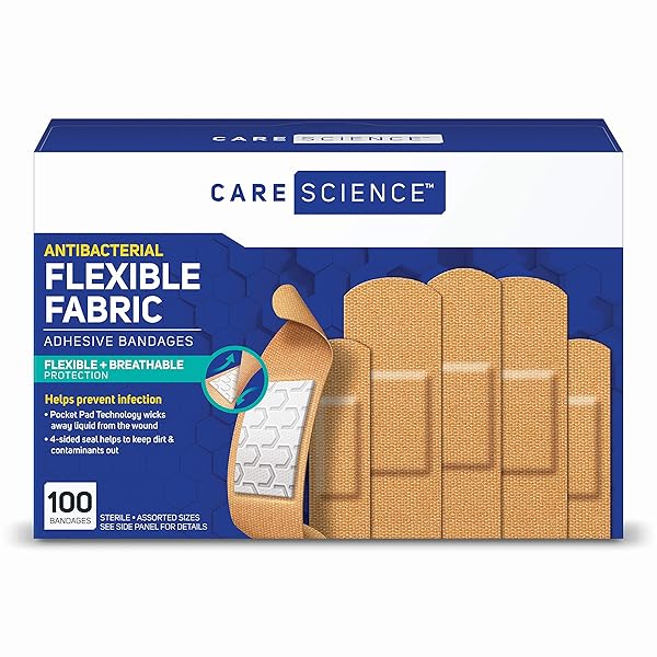 CARE SCIENCE FABRIC ADHESIVE BANDAGES, 100 CT ASSORTED SIZES | FLEXIBLE + BREATHABLE PROTECTION HELPS PREVENT INFECTION FOR FIRST AID AND WOUND CARE