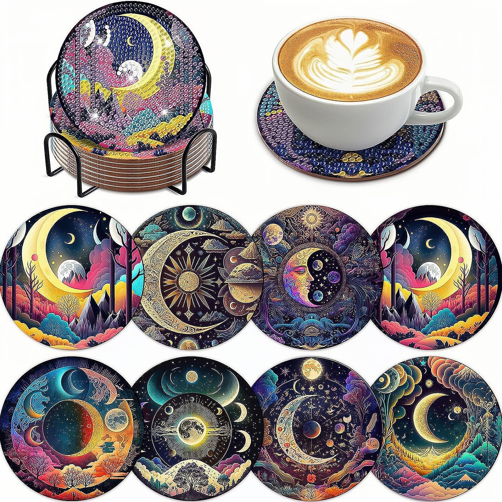 Dmiuhbl 8Pcs Diamond Painting Coasters with Holder DIY Moon Diamond Art Coasters Kit for Beginners Adults And Kids Art Craft Supplies Gifts