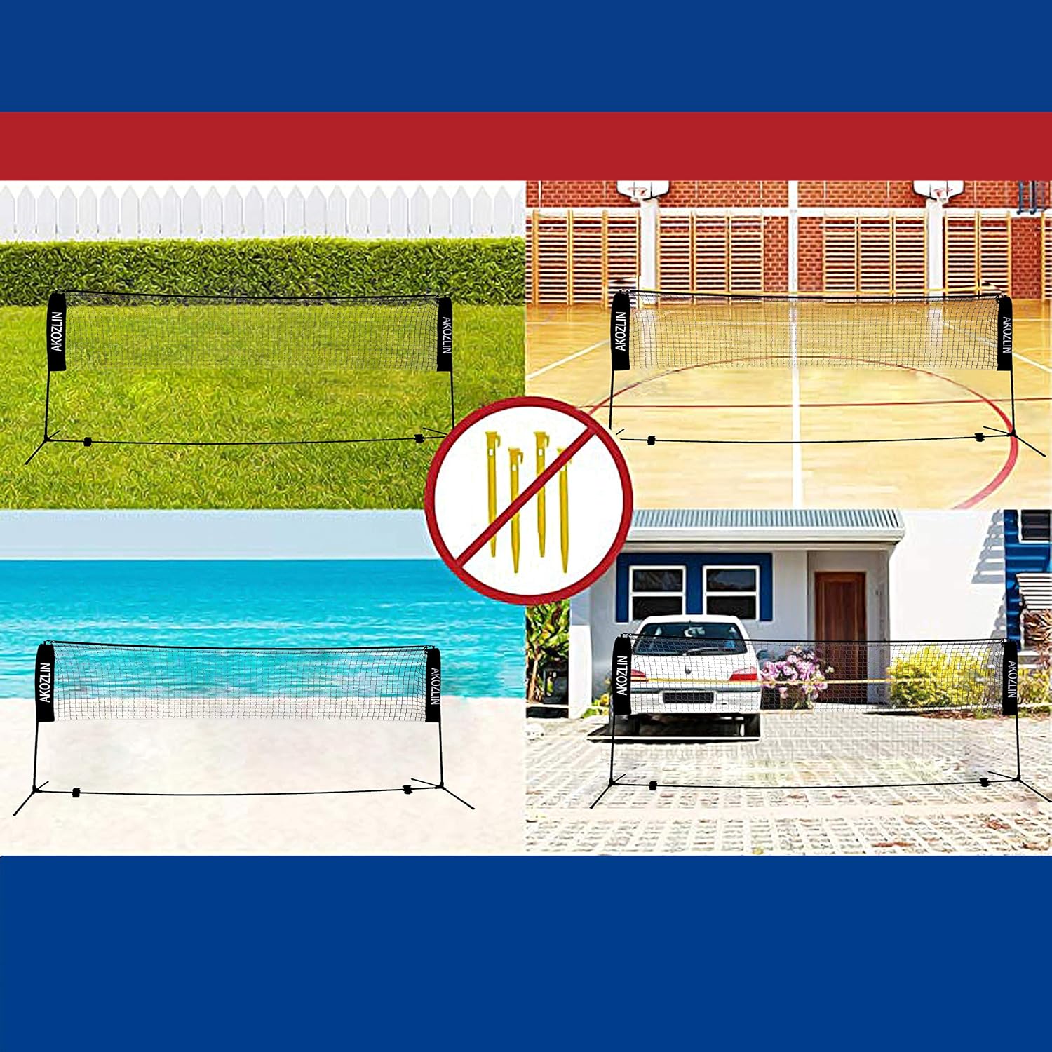 AKOZLIN Portable Adjust Height 2.8-5ft Tennis Badminton Volleyball Net Set - Net for Tennis, Soccer Tennis, Pickleball, Kids Volleyball for Indoor or Outdoor Court, Beach, Driveway : Sports & Outdoors